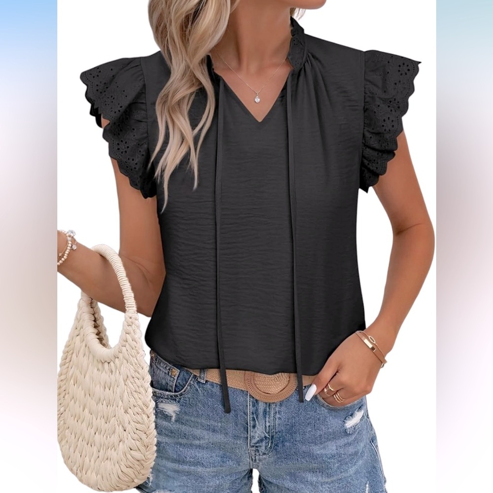 NWT SHEWIN Black Summer Top V Neck Short Flutter Sleeve Blouse, Size XL